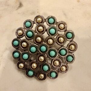 Round Silver, Turquoise and Pearl Brooch